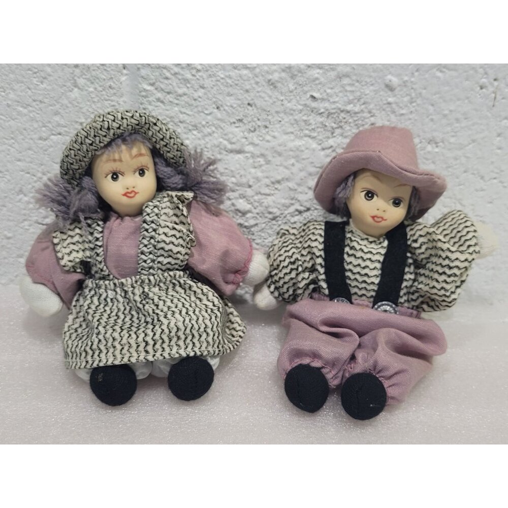 Vintage Boy Girl Bisque Head Fabric Body Dolls Weighted 5" Painted Face